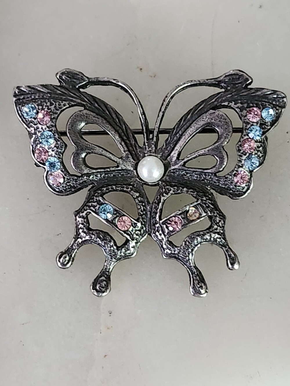 Vintage Giovanni Signed Butterfly Brooch with Pastel Rhinestones